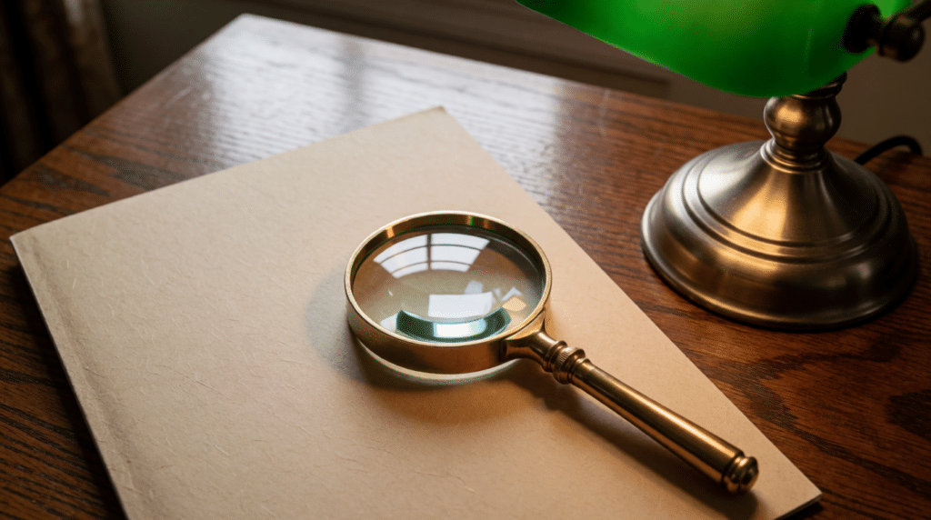 Magnifying glass over a folder in an archive reading room with lamps
