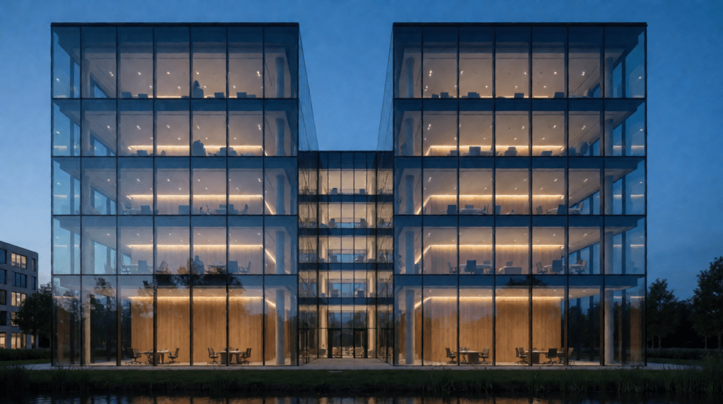 Two glass office buildings forming one skyline reflected in water