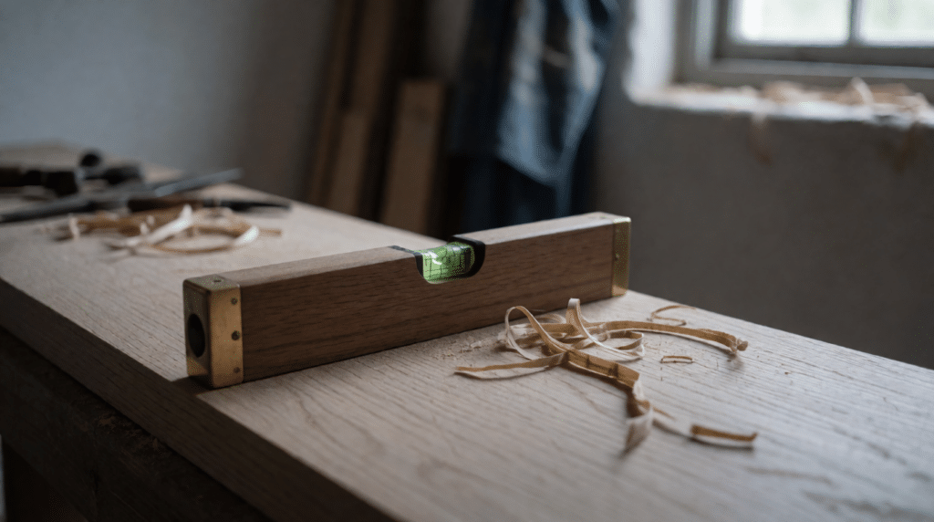 Spirit level resting on an oak board in a workshop