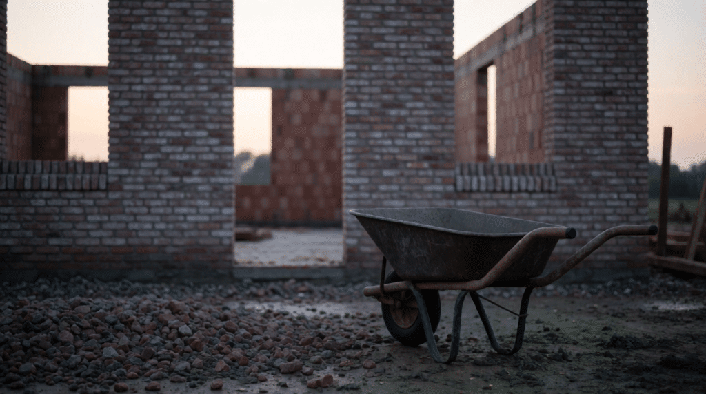 Unfinished brick building with scaffolding and an idle crane at dusk