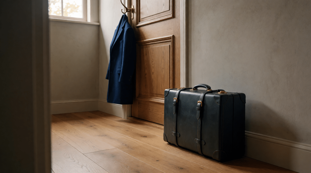 Packed suitcase beside a front door in a quiet hallway