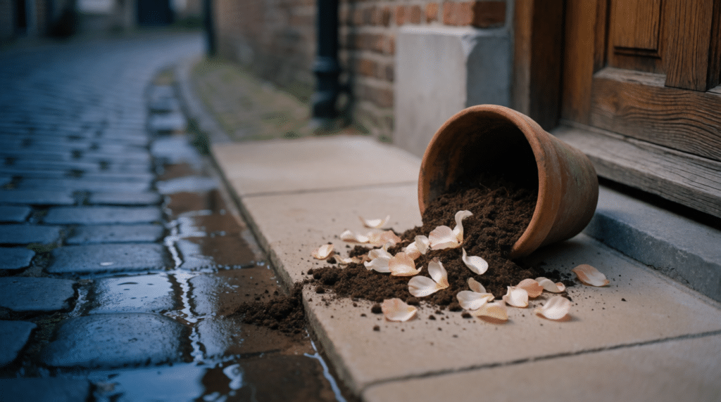 Tipped-over flower pot with spilled soil and petals on a terrace