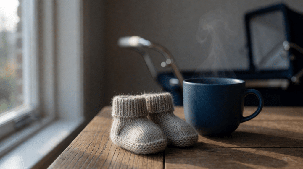 Knitted baby socks and a cup of tea on a wooden kitchen table in soft morning light