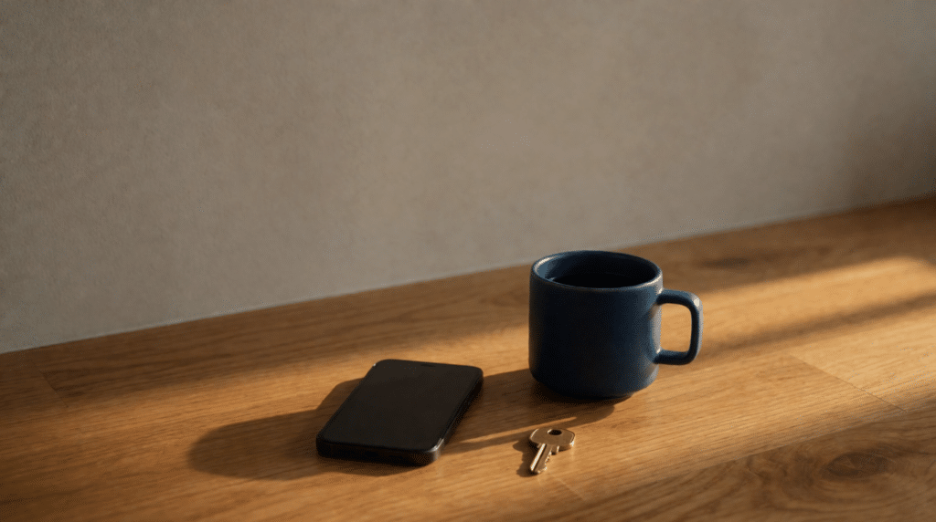 Phone lying face-down on a kitchen counter next to a mug and a key