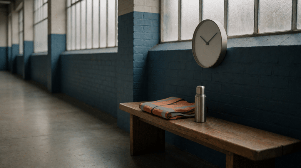 Empty factory corridor at dawn with a wall clock above a bench holding a folded safety vest