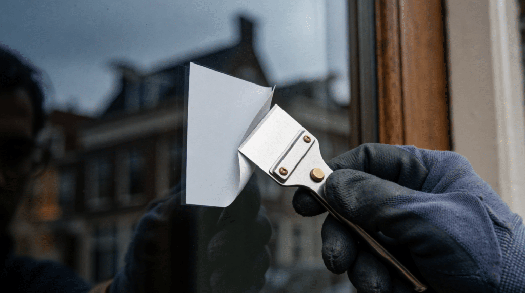 Hand scraping a sticker from a shop window with a razor scraper