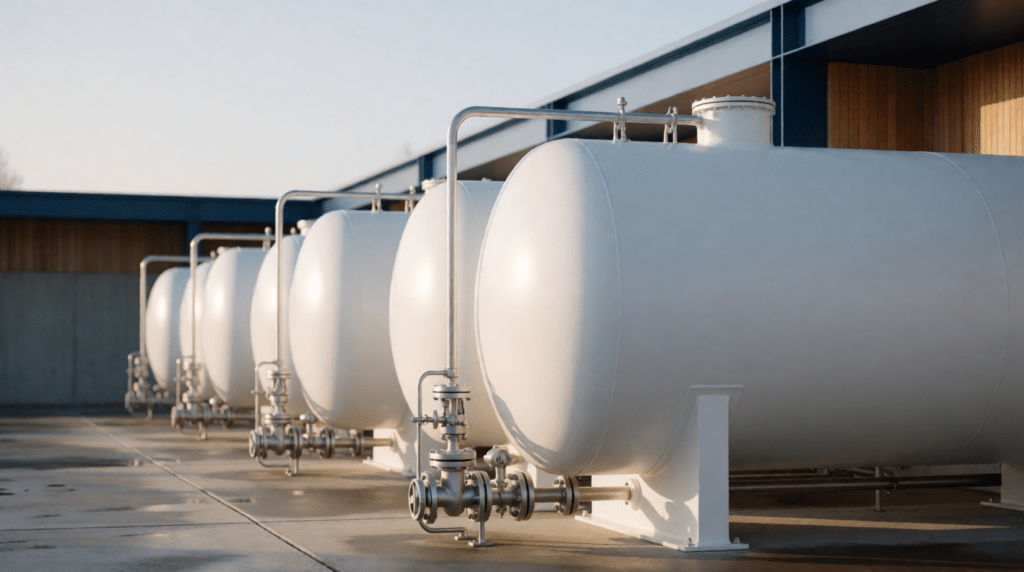 White gas storage tanks and pipes at an industrial facility
