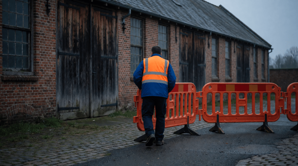 Municipal worker placing orange barriers around a neglected brick yard