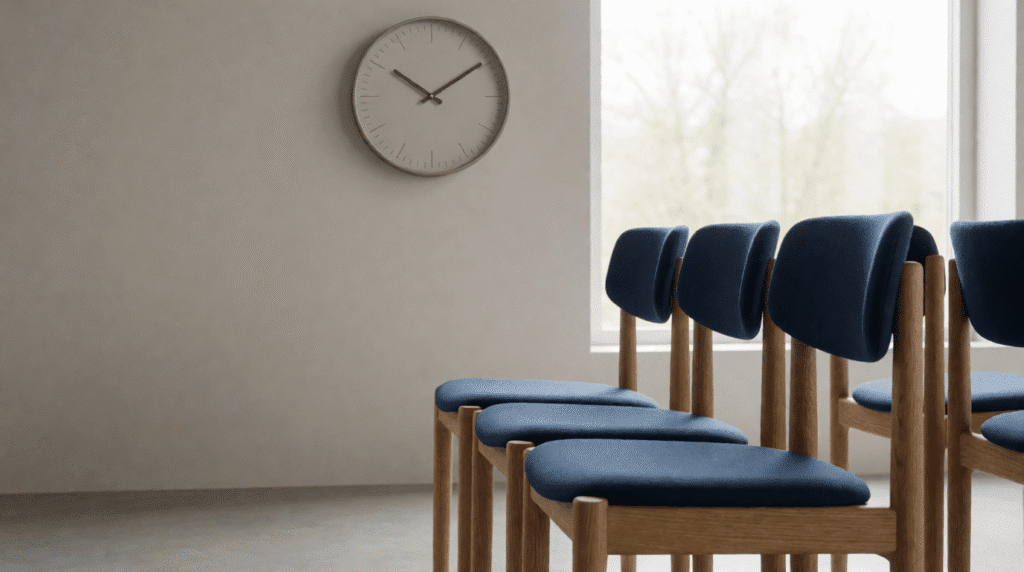 Wall clock in an empty waiting room with a row of chairs