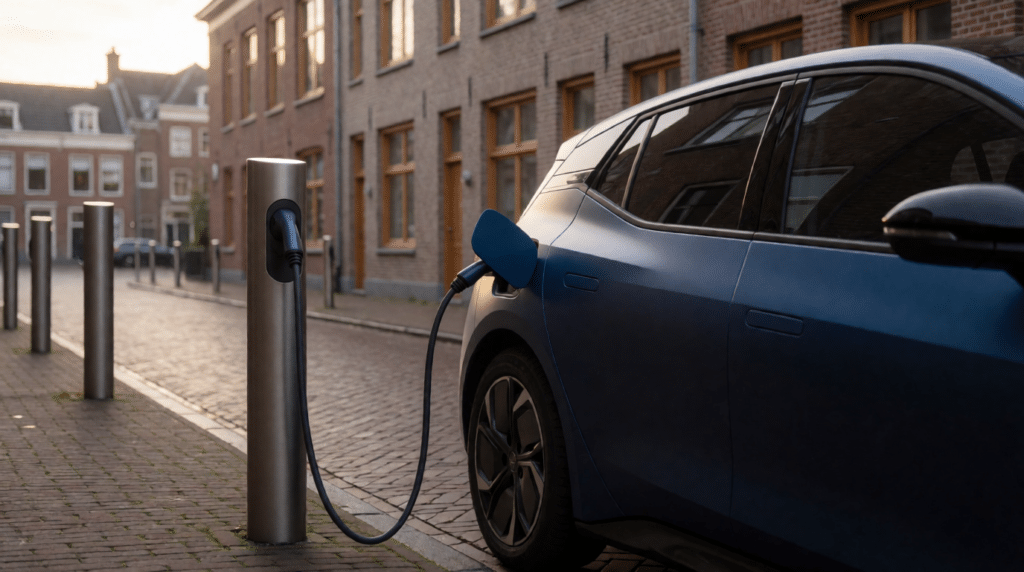 Row of charging posts on a brick street with a plugged-in electric car