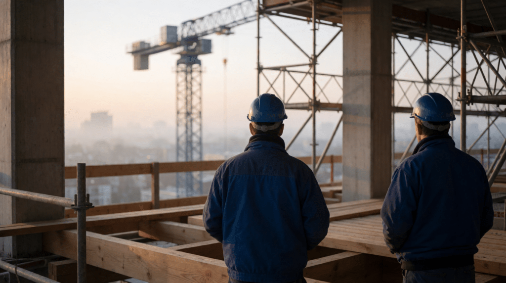 Workers in helmets seen from behind on a building site with a crane