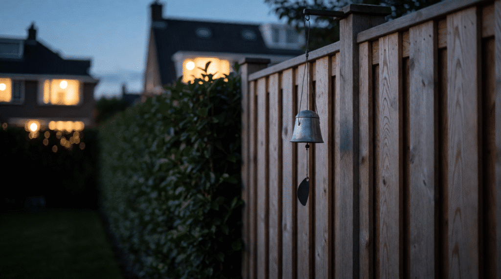 Wooden fence between two back gardens with a hedge and a wind chime