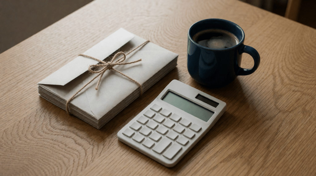 Stack of unopened envelopes with a calculator on a kitchen table