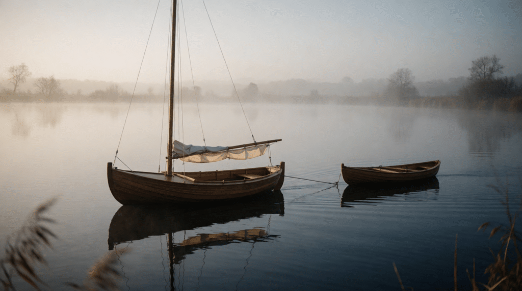 Sailing boat towing a smaller rowing boat on a calm Dutch lake