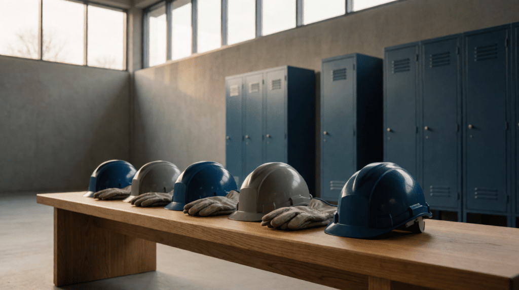 Hard hats and work gloves lined up on a bench in a locker area
