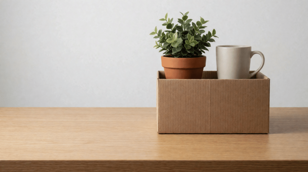 Cardboard box with a plant and mug on an otherwise empty desk