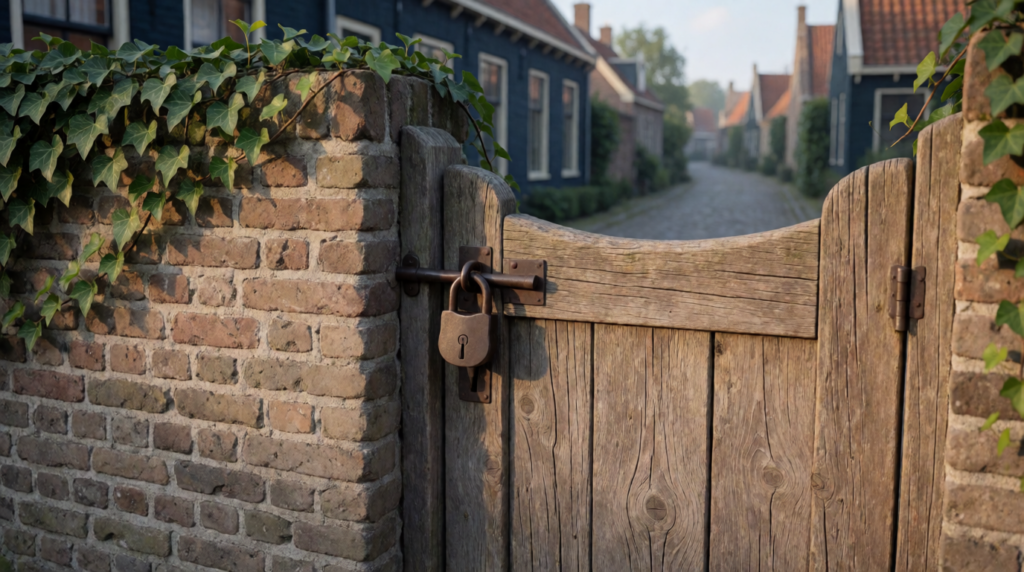 Wooden garden gate with a padlock in a brick wall with ivy