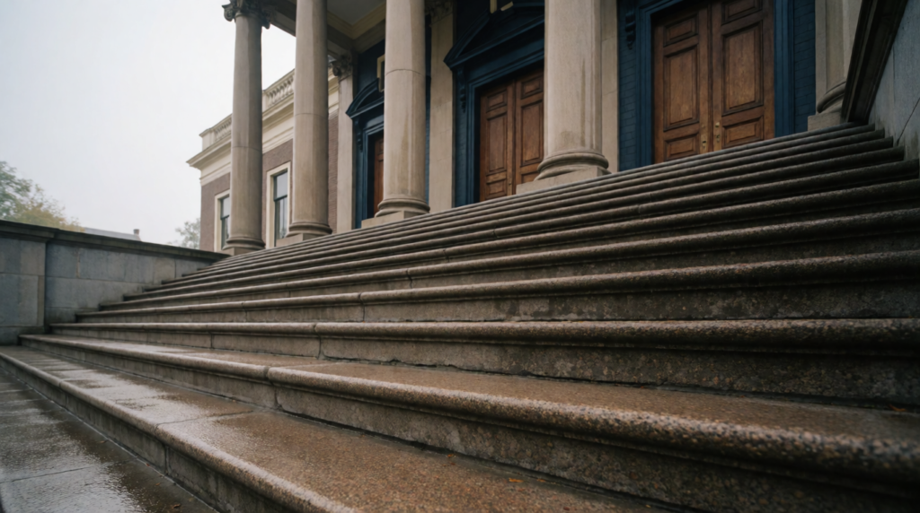 Wide stone staircase leading to a columned courthouse entrance