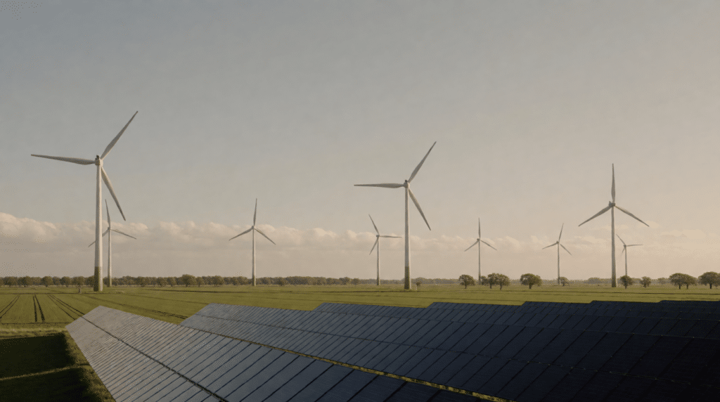 Solar park and wind turbines on flat farmland under a wide sky