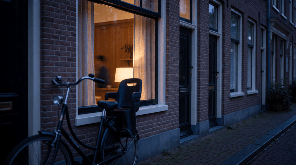 Lit window of a family home at twilight with a bicycle in front