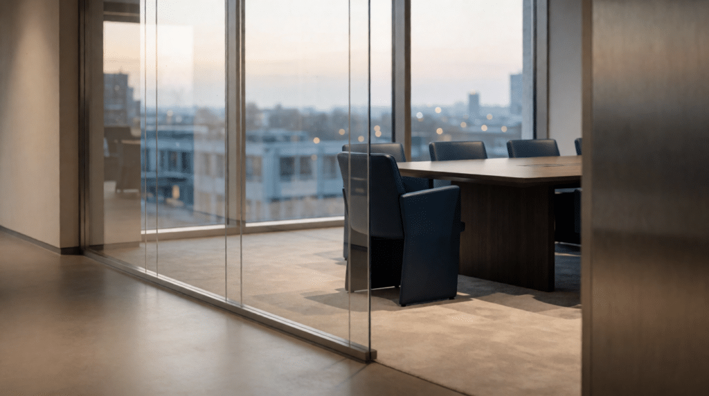 Boardroom with a long dark table behind a glass wall, one chair pulled out