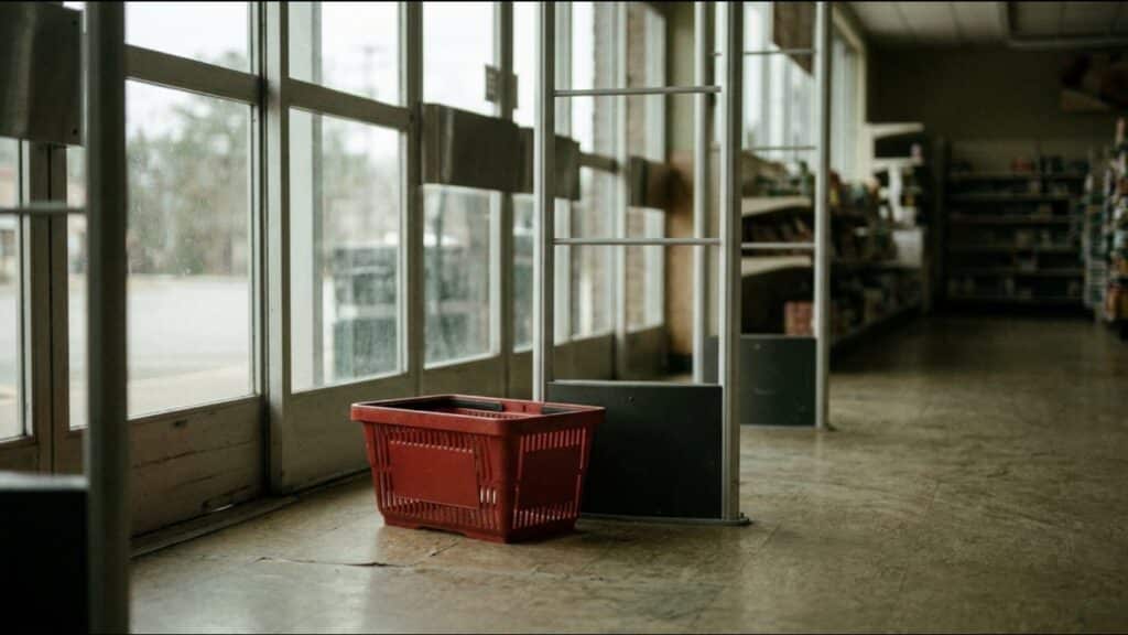 Shop exit with security gates and an abandoned basket