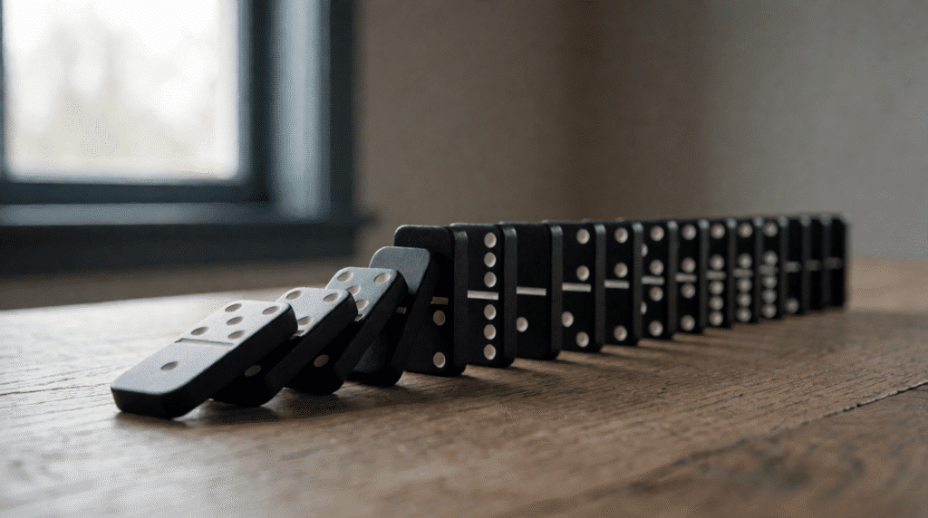 Row of dominoes on a wooden table with the first ones fallen