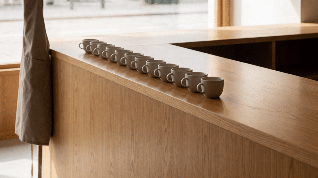 Coffee counter with a row of identical cups and an apron on a hook