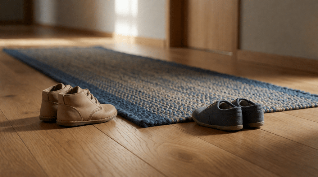 Two pairs of children's shoes on either side of a hallway runner