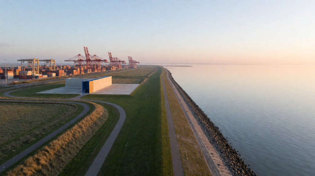Seaport container terminal on a flat coast at sunrise