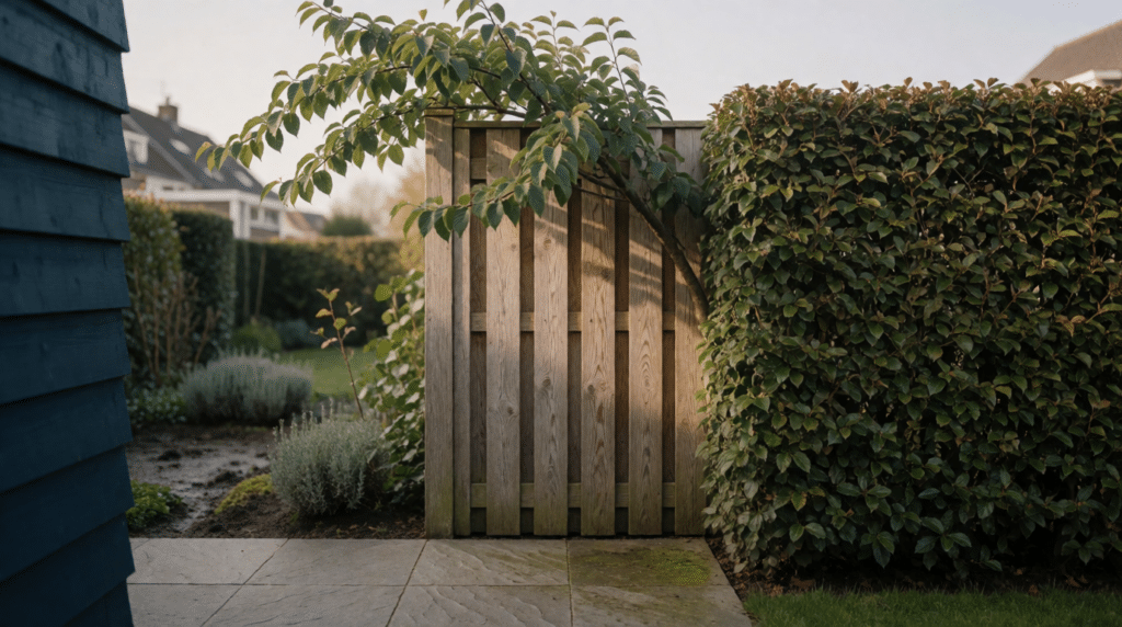 Wooden fence and tall hedge between two gardens with an overhanging branch