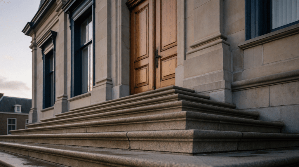 Wide stone staircase up to the tall wooden doors of a court building