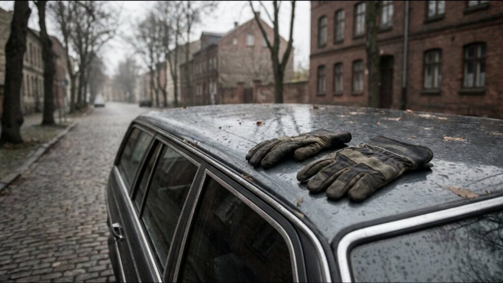 Two pairs of work gloves on the roof of a parked car