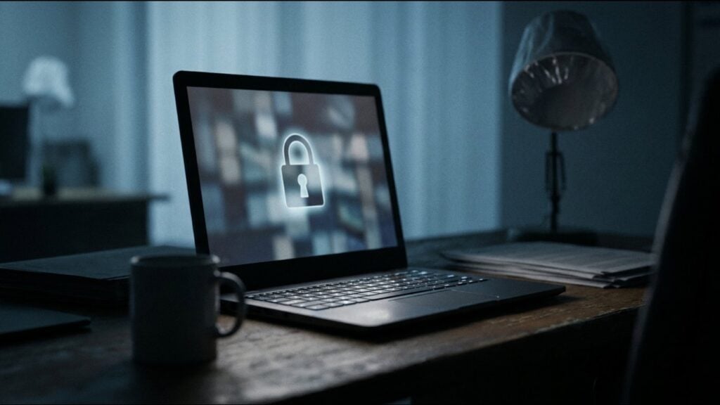 Laptop on a desk at night with a padlock symbol on the screen