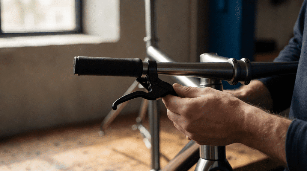 Mechanic's hands checking the brake of a new bicycle in a shop