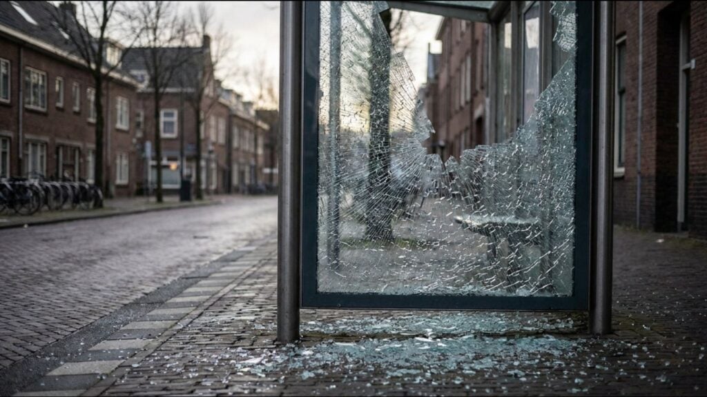Bus shelter with a shattered glass panel and shards on the pavement