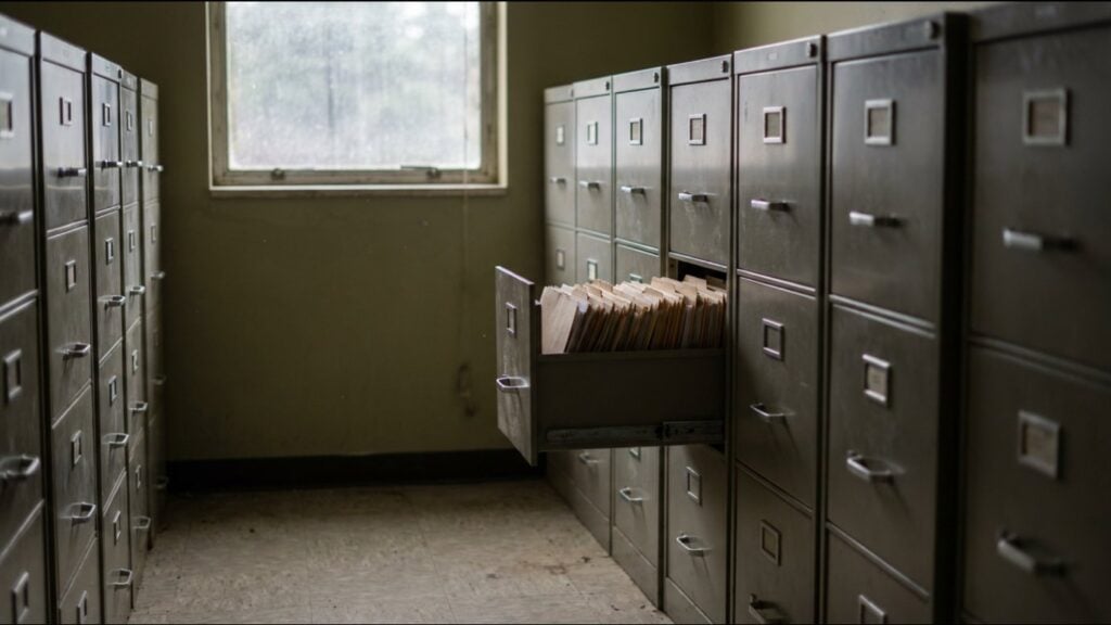 Row of grey filing cabinets with an open drawer full of files