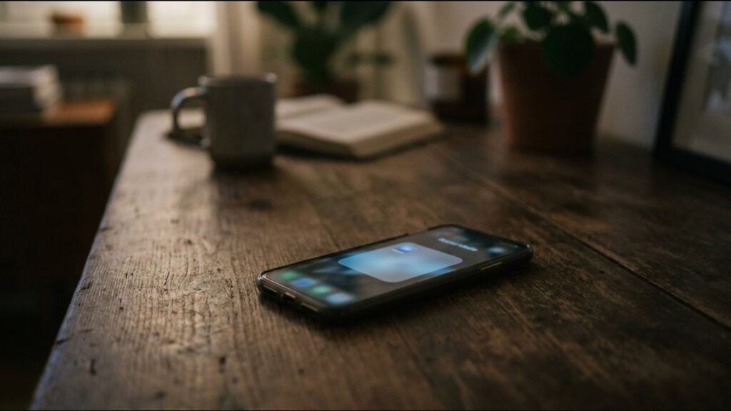 Smartphone on a dark table with a glowing message