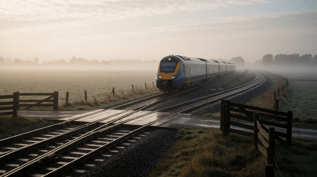 Train and level crossing with diverging tracks in a misty landscape