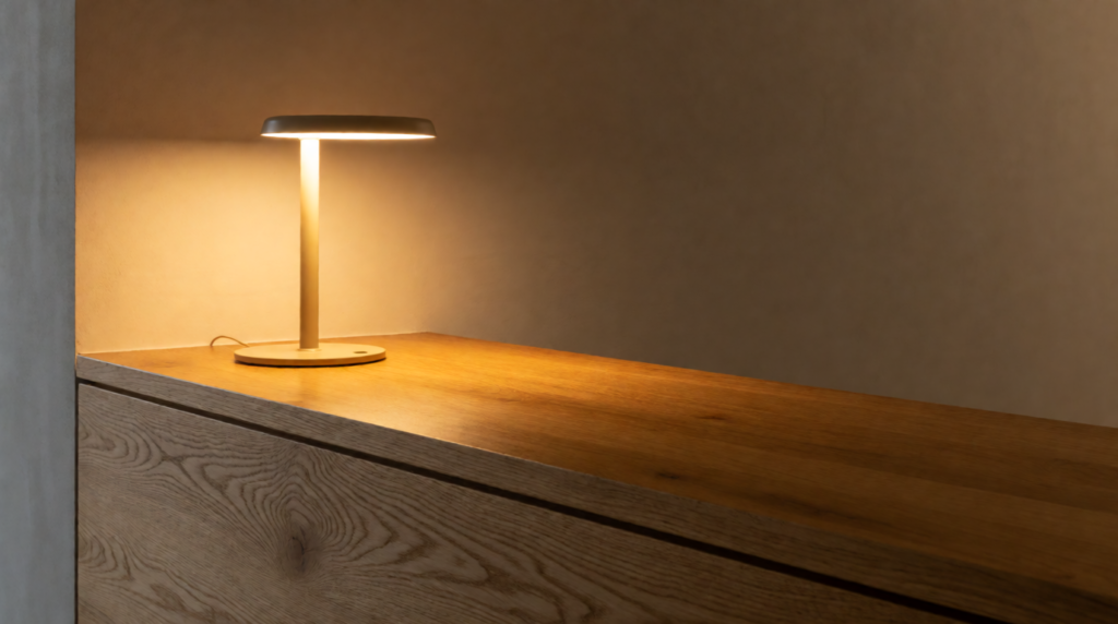 Empty frame on the wall above a municipal counter with a lit lamp