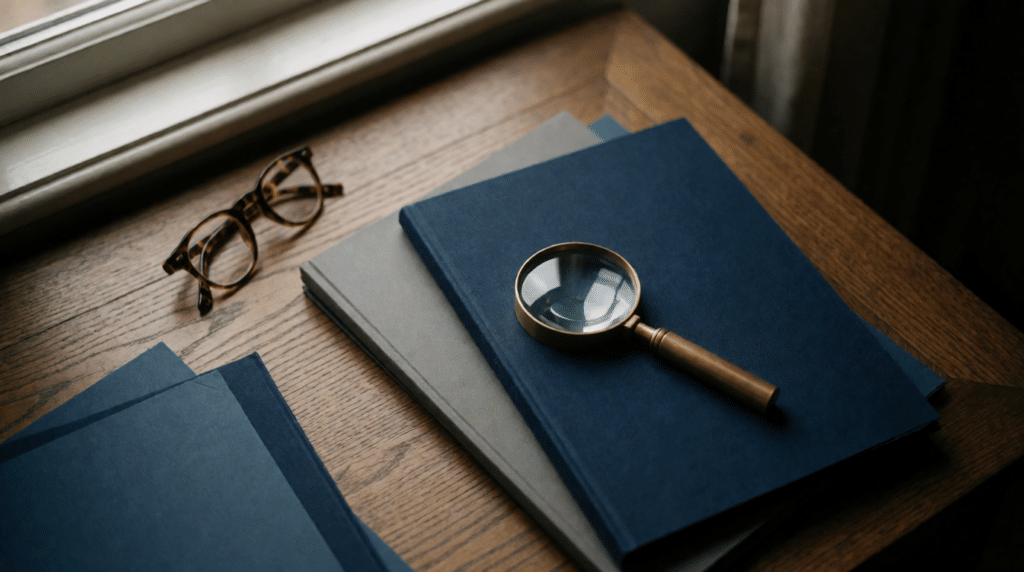 Magnifying glass on a pile of case folders and reading glasses on a desk