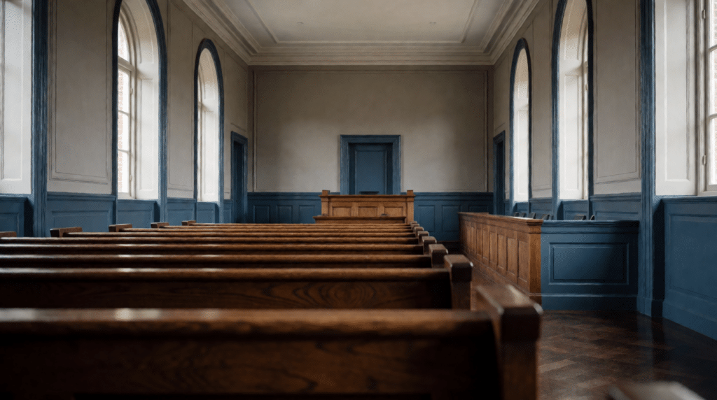 High-ceilinged courtroom seen from behind with empty oak benches