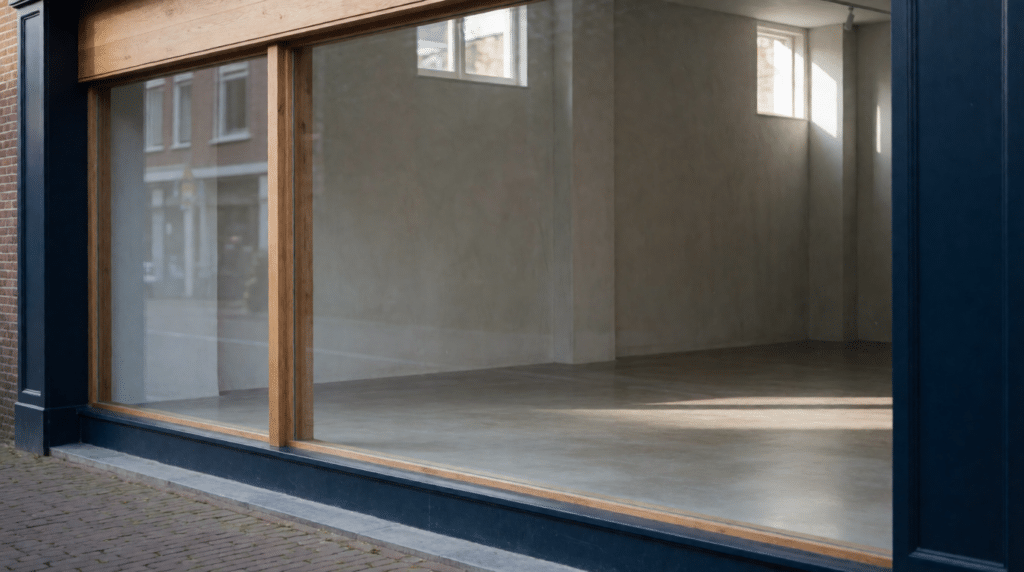 Empty ground-floor shop unit with large windows and bare concrete floor