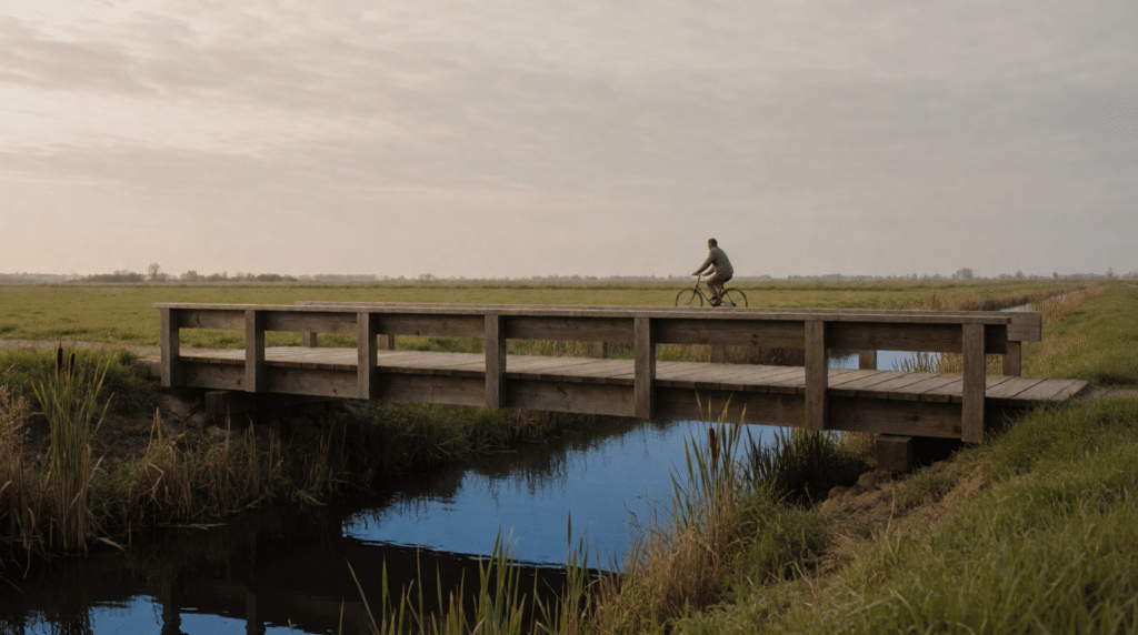 Wooden footbridge over a polder ditch with a distant cyclist