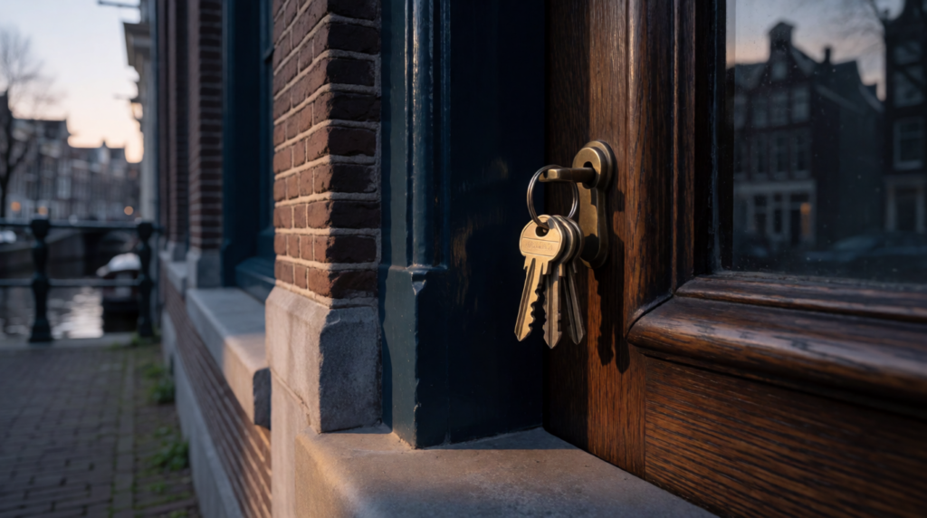 Keys in the lock of a front door on a canal street