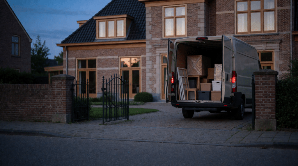 Moving van leaving a villa with an open garden gate at dusk