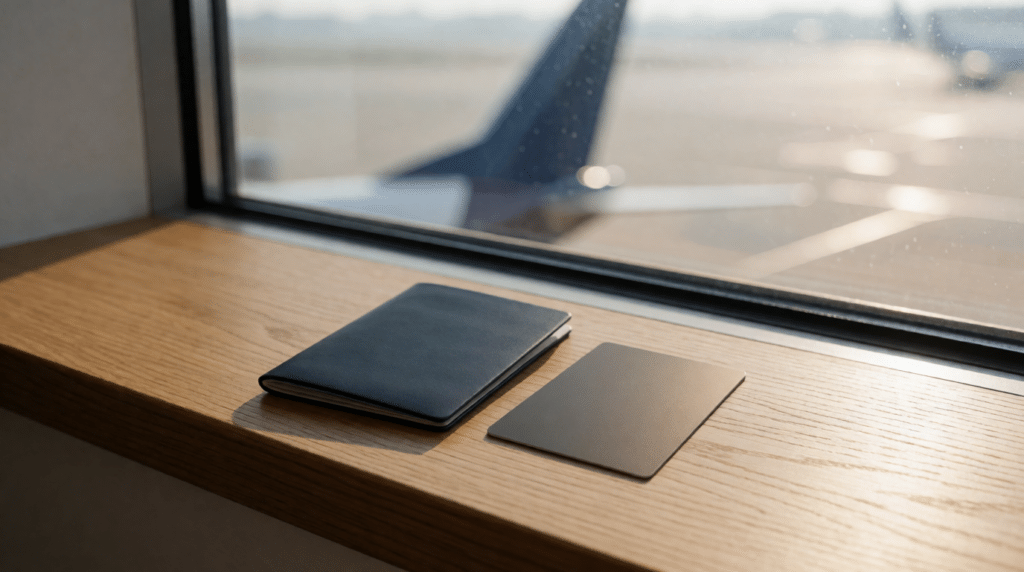 Blank passport-style booklet on a windowsill with an aircraft behind