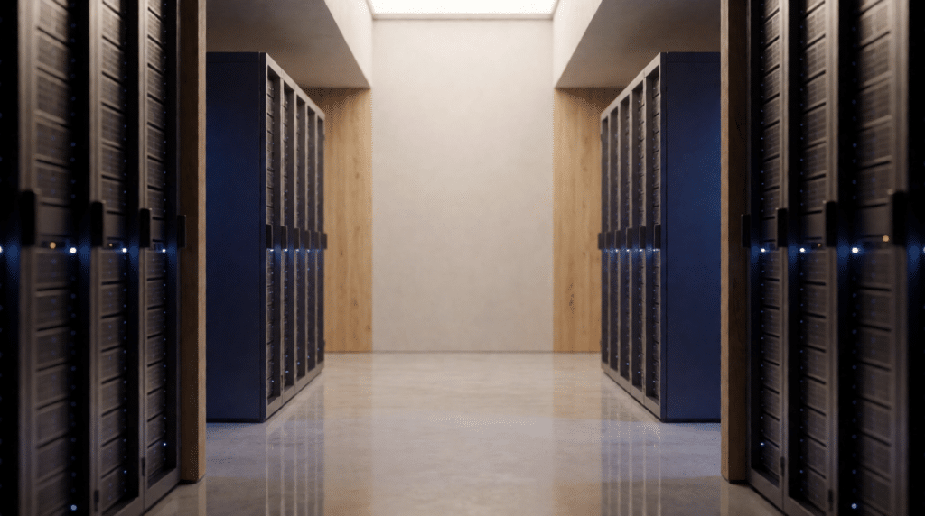 Server room corridor with blue lights on rack cabinets