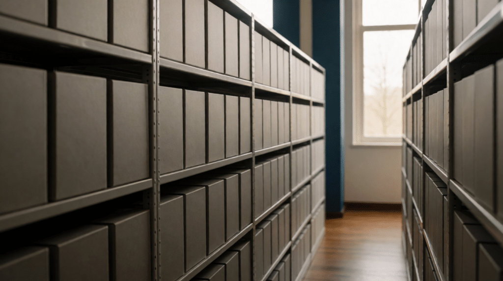 Rows of archive boxes on metal shelving in a records room