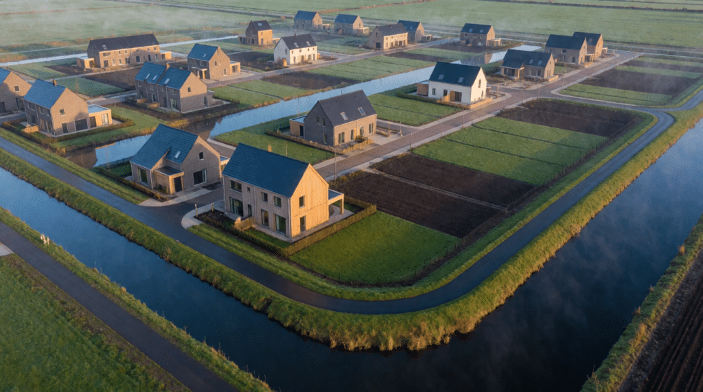 Aerial view of a polder neighbourhood with housing plots and a bike path
